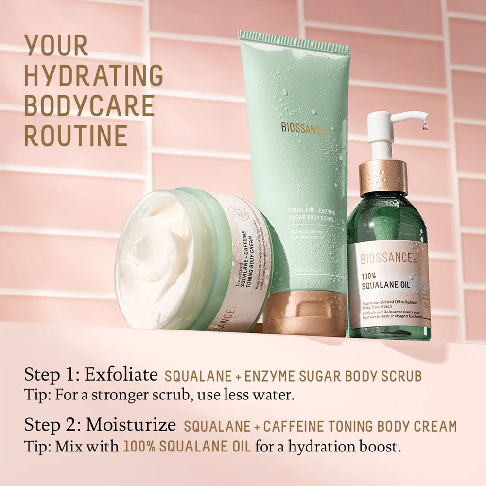 BIOSSANCE applying oil to damp body skin post-shower for long-lasting moisture