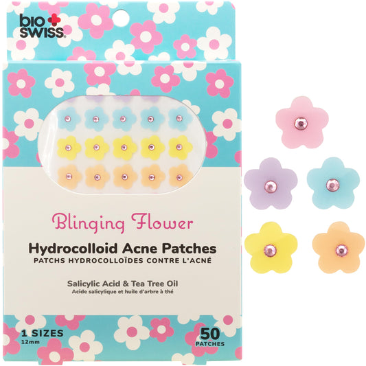 BioSwiss front packaging showing 50 blinging flowers patches and benefits