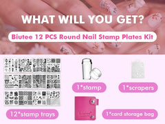 Biutee kit next to nail tip for scale to show plate and design sizing