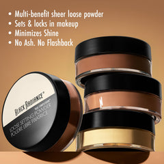 Black Radiance loose powder open sifter displaying finely milled texture and easy dispensing