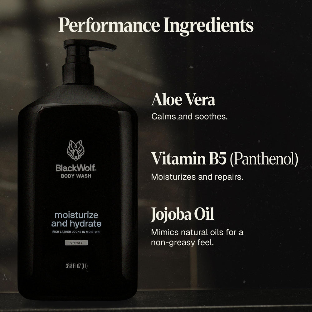 Black Wolf jojoba oil and aloe vera close-up highlighting soothing hydration