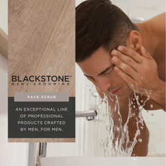 Blackstone applied to a man’s cheek in bathroom illustrating smooth shave preparation benefit