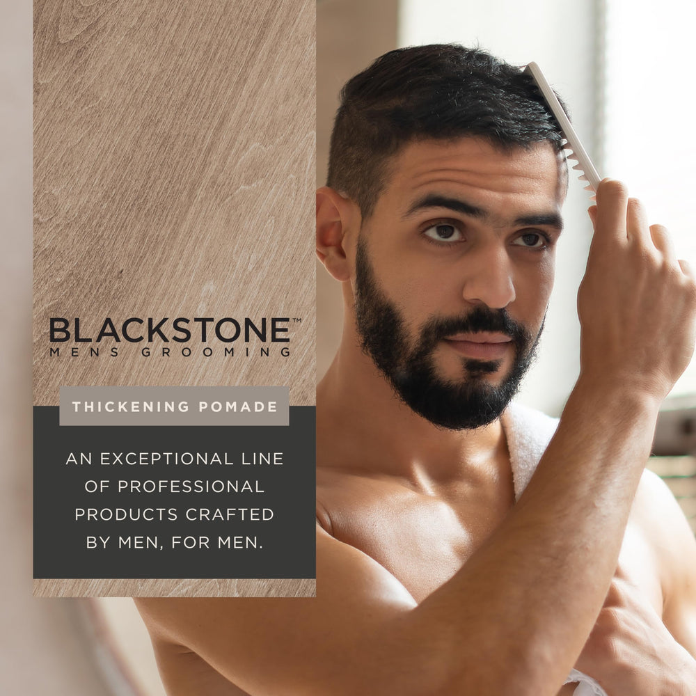 Blackstone pomade in hand being applied for added volume benefit