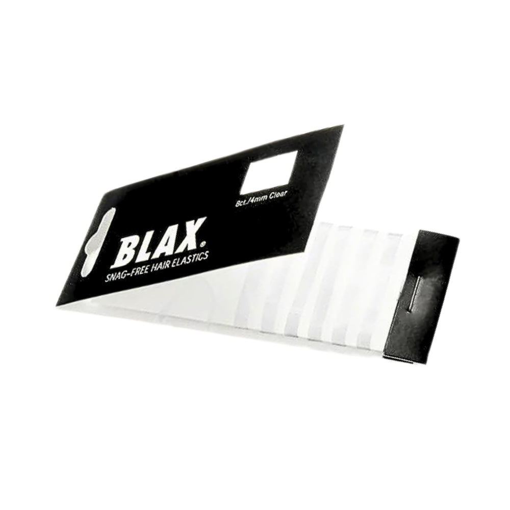 Blax clear elastics front packaging showing 8-count and benefits