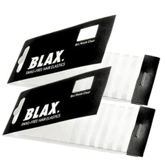 Blax clear elastics front packaging shows neat dispenser and count