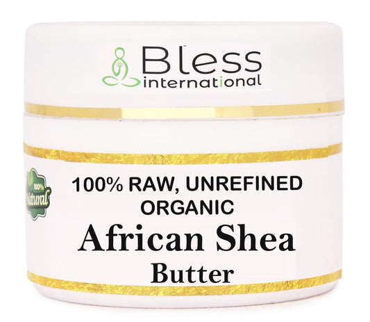Bless International jar front view showing pure shea butter and clear labeling benefit