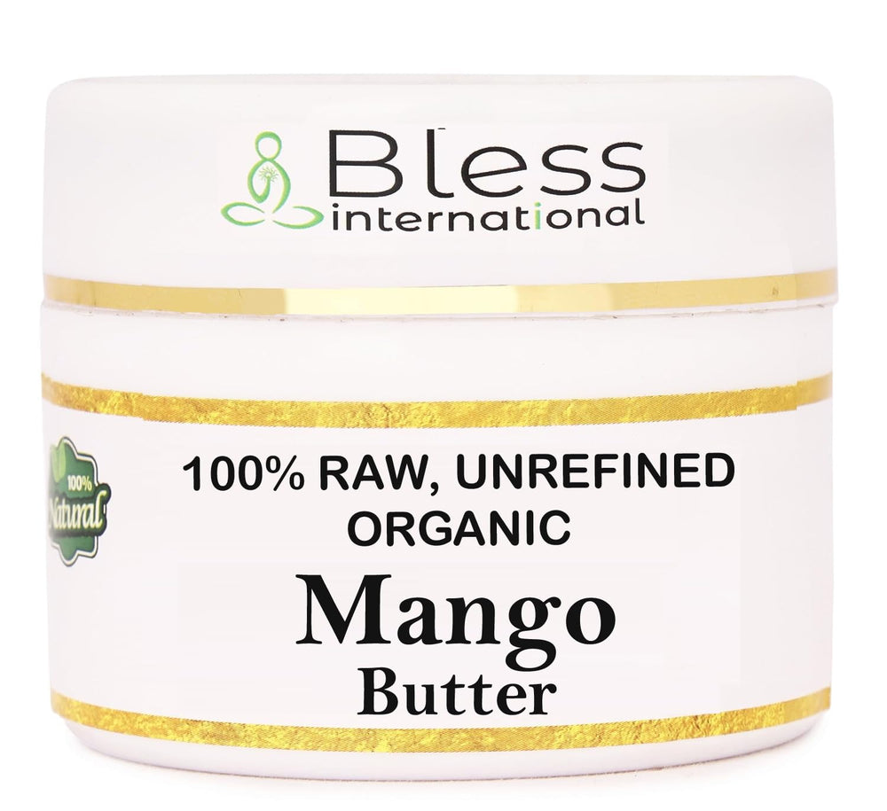 Bless International jar front view showing pure mango butter and labeling benefit: clear product identity