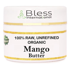 Bless International jar front view showing pure mango butter and labeling benefit: clear product identity