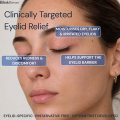 BlinkBetter applied on eyelid demonstration, highlights soothing application benefit