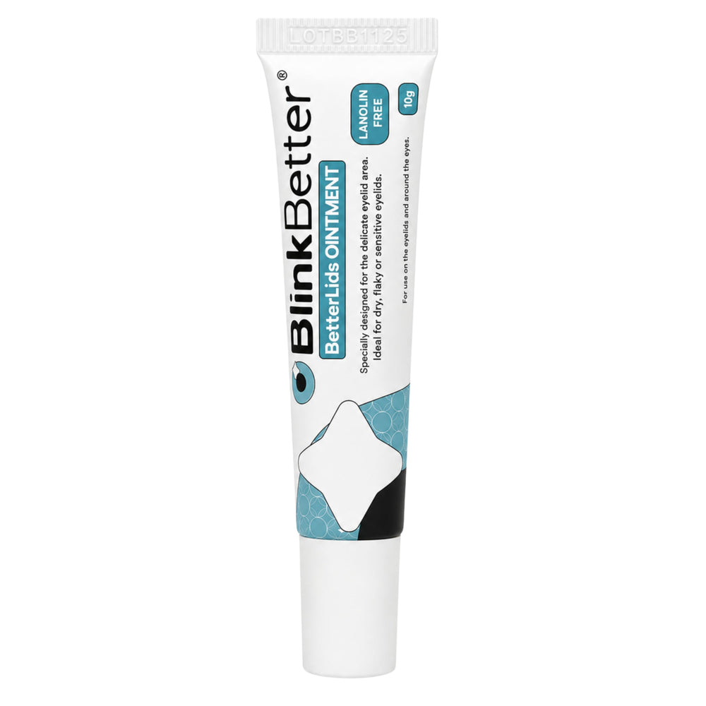BlinkBetter front packaging showing 10g tube, conveys gentle eyelid care