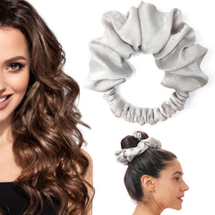 BLINKEEN front view of light grey scrunchie showing compact design and easy storage benefit