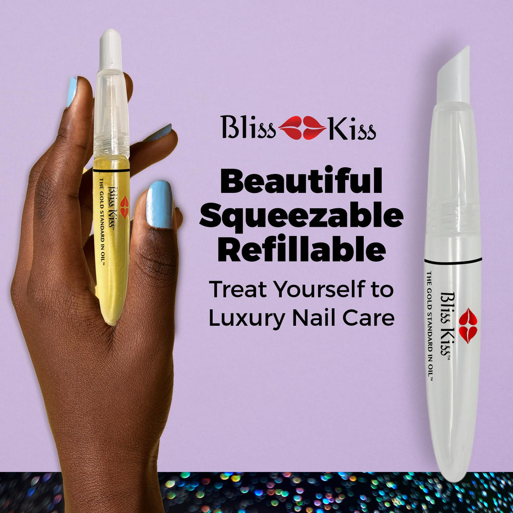 Bliss Kiss pen squeezing oil onto nail illustrating controlled, no-drip dispensing benefit