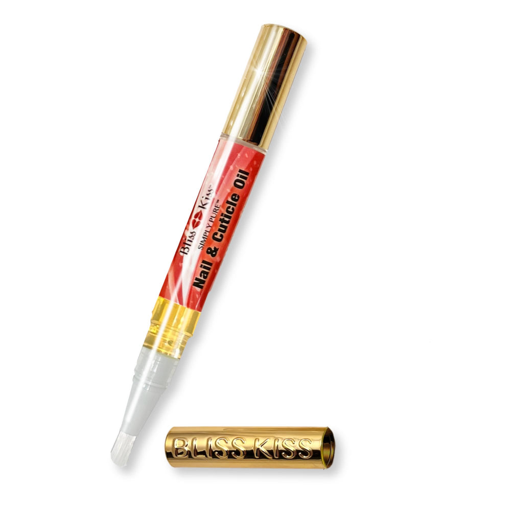 Bliss Kiss front packaging of candy cane nail oil pen showing travel-ready benefits