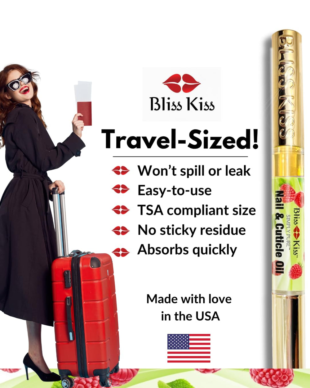 Bliss Kiss bottle with made in USA mark showing small-batch quality
