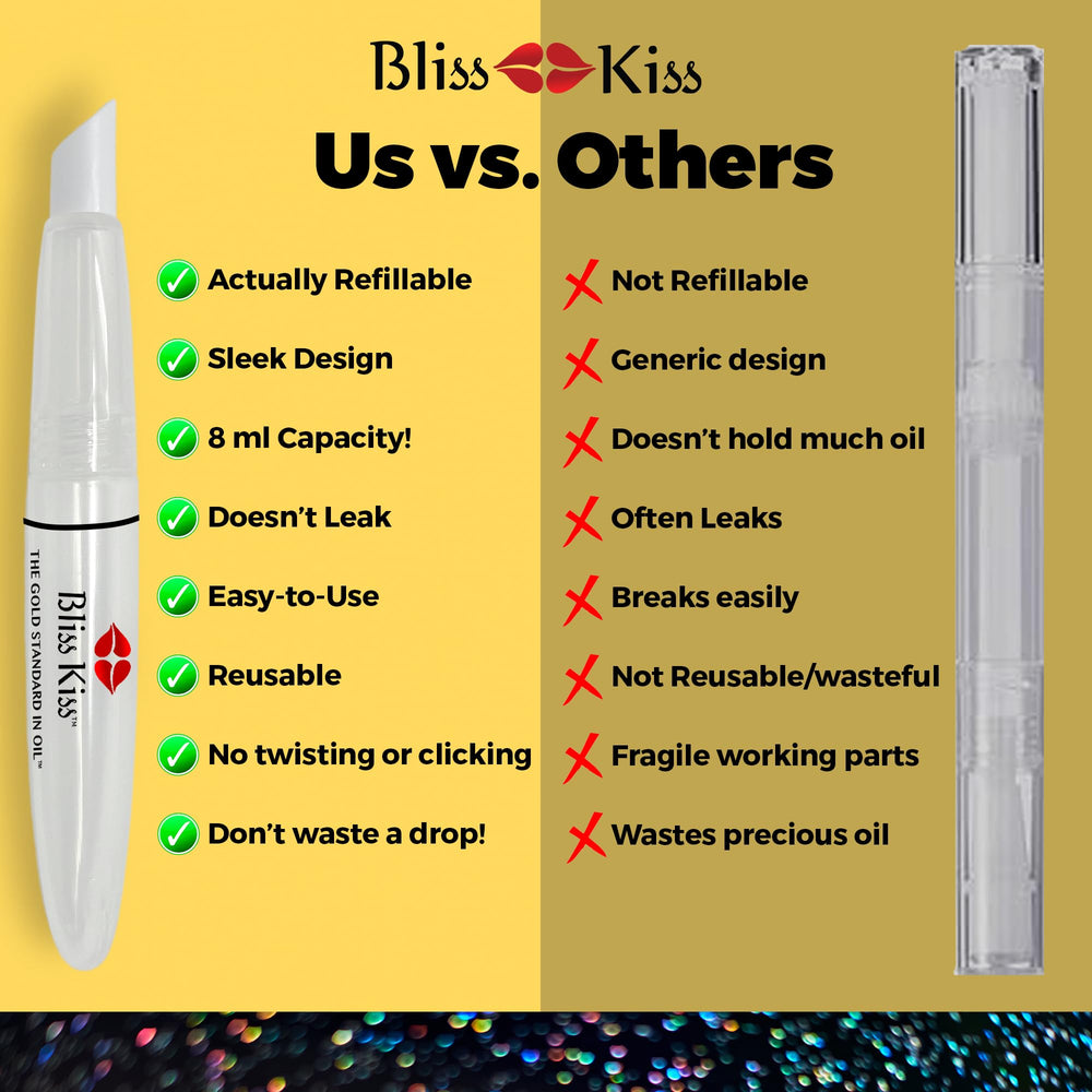 Bliss Kiss pen held in hand to show 8ml capacity and travel-friendly size benefit