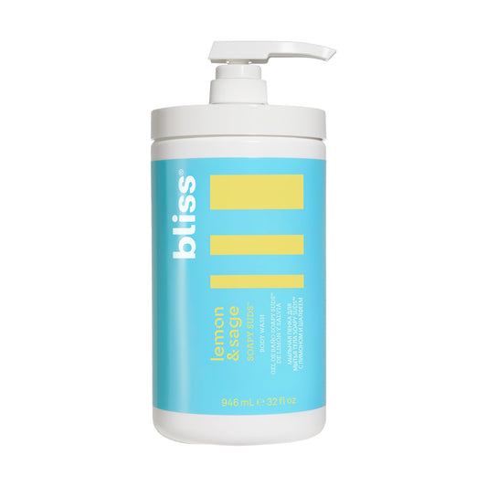 Bliss bottle front view showing Lemon & Sage label and large 32 oz size benefit