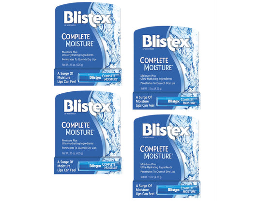 Blistex Complete Moisture front packaging showing four tubes and brand clarity