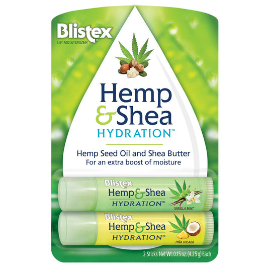 Blistex front packaging showing hemp and shea duo for convenient hydration
