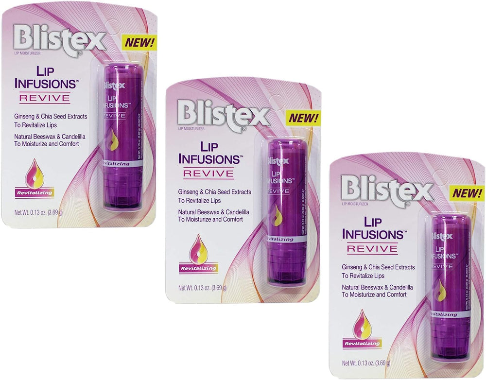 Blistex lip infusions revive front packaging showing three mini tubes for convenient care