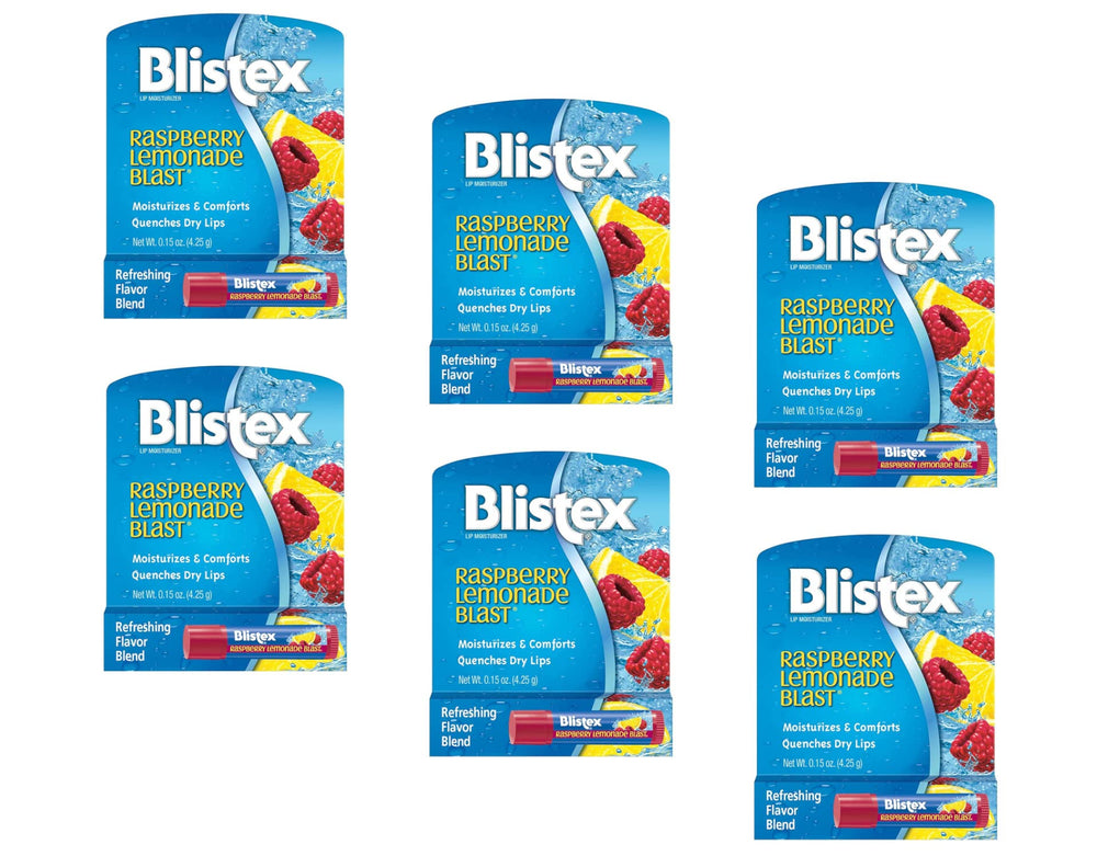 Blistex front packaging showing Raspberry Lemonade Blast flavor and pack benefits
