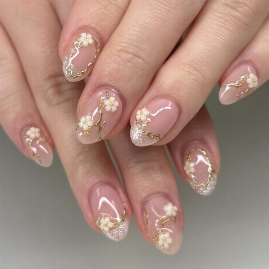 Bloazife front packaging showing nude pink almond press-on nails, neat salon-ready look