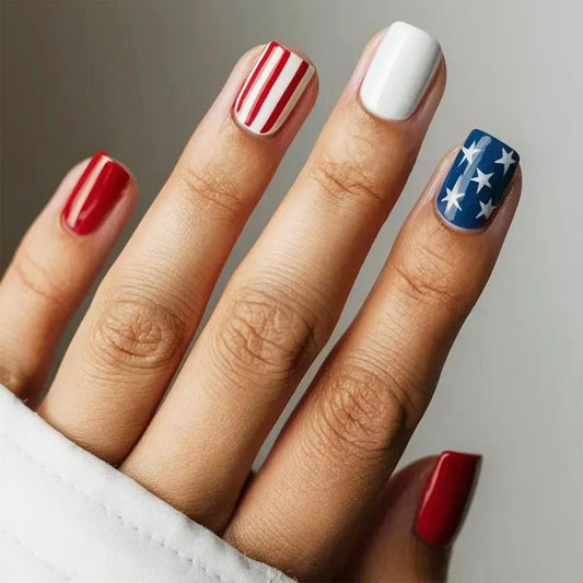 Bloazife front packaging showing 24 patriotic press-on nails for quick festive looks