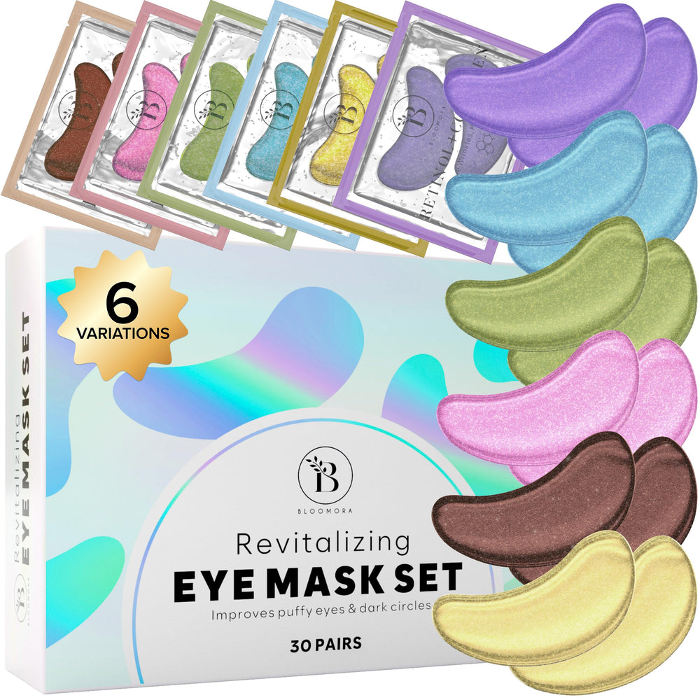 BLOOMORA front box showing six-formula eye patch variety and packaging benefit