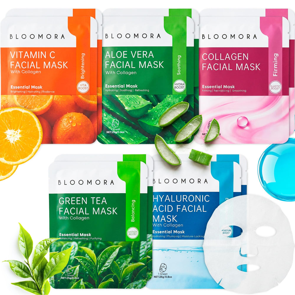 BLOOMORA front packaging showing ten mixed sheet masks and benefits
