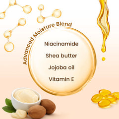 BLOOMORA ingredients display with shea butter jojoba oil vitamin E benefits