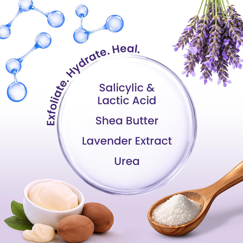 BLOOMORA lavender and shea butter ingredients displayed for soothing hydration