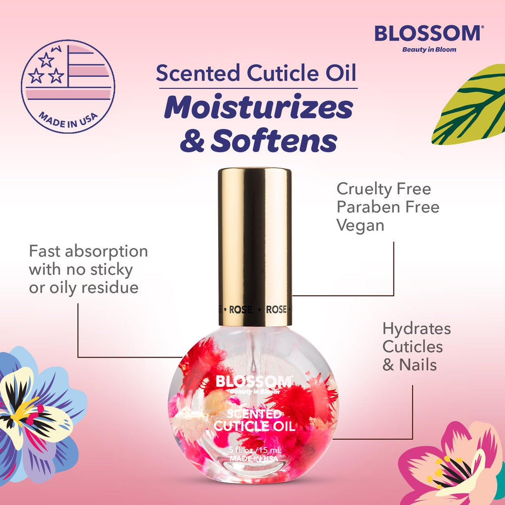 Blossom rose cuticle oil label and packaging highlighting made-in-USA quality