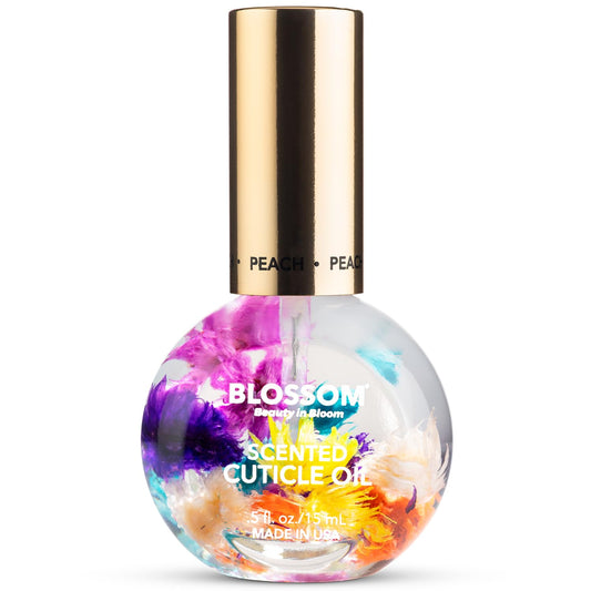 Blossom bottle front view showing peach scent and pretty dried flowers, promotes hydration