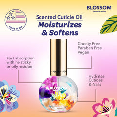 Blossom product label and ingredients list visible, assures clean-paraben-free formulation