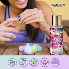 Hand holding Blossom bottle during nail polish removal showing easy, safe application