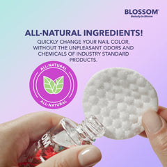Pouring remover texture from Blossom bottle onto cotton pad illustrating gentle removal