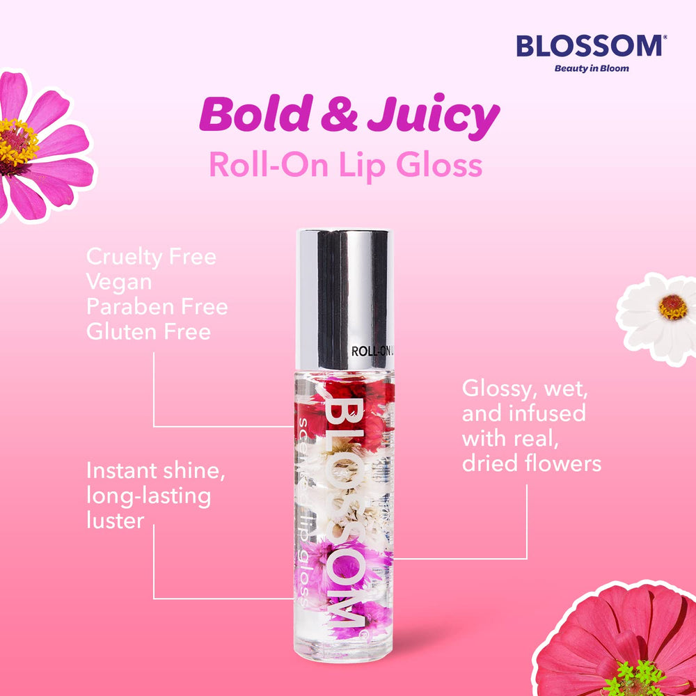 Blossom gloss held in hand to demonstrate compact travel-friendly size