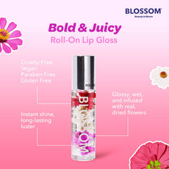 Blossom gloss held in hand to demonstrate compact travel-friendly size