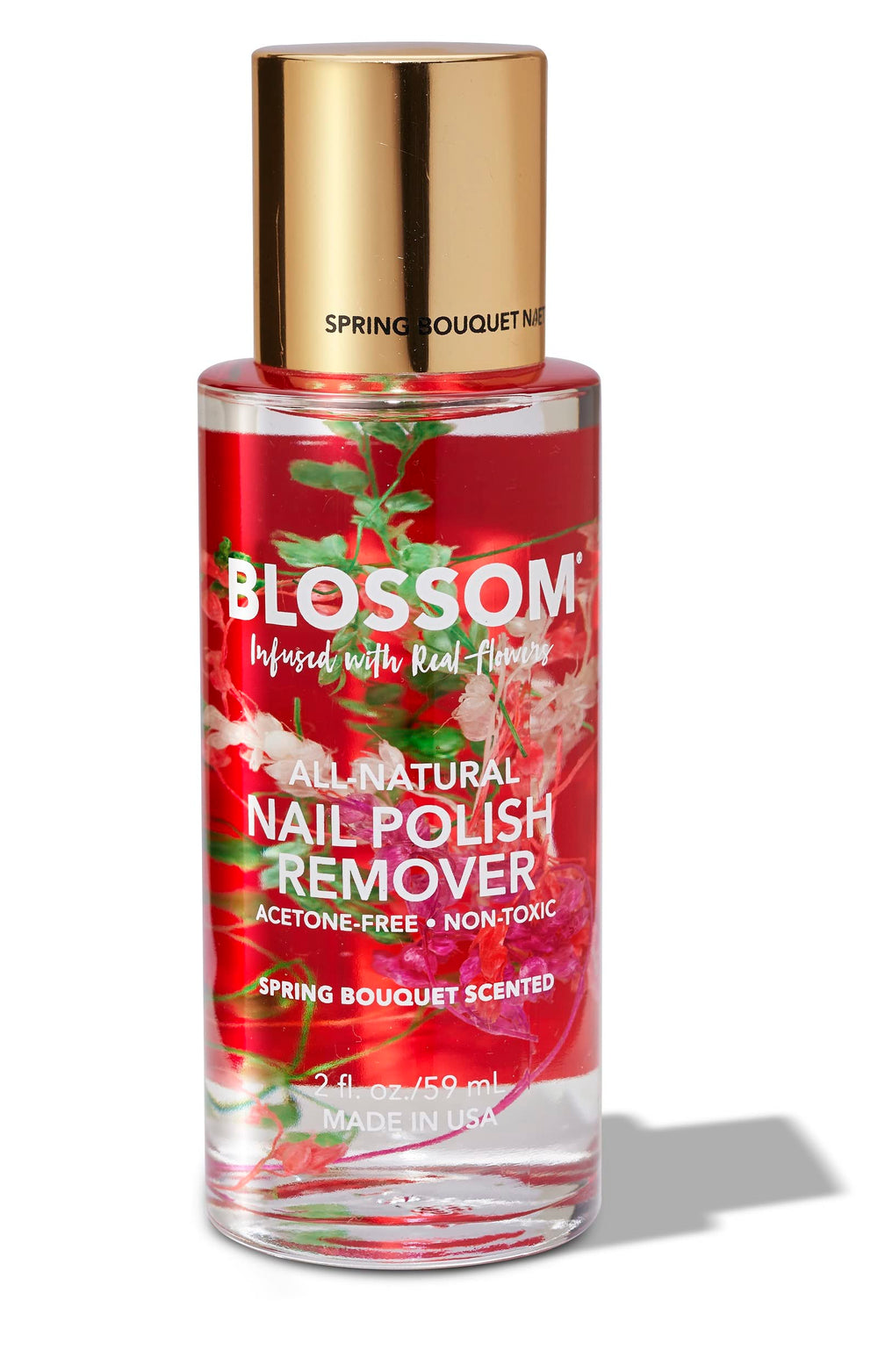 Blossom bottle front view showing spring bouquet flowers and label benefits