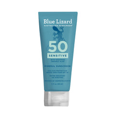 Blue Lizard front tube showing SPF 50+ protection and travel size benefit