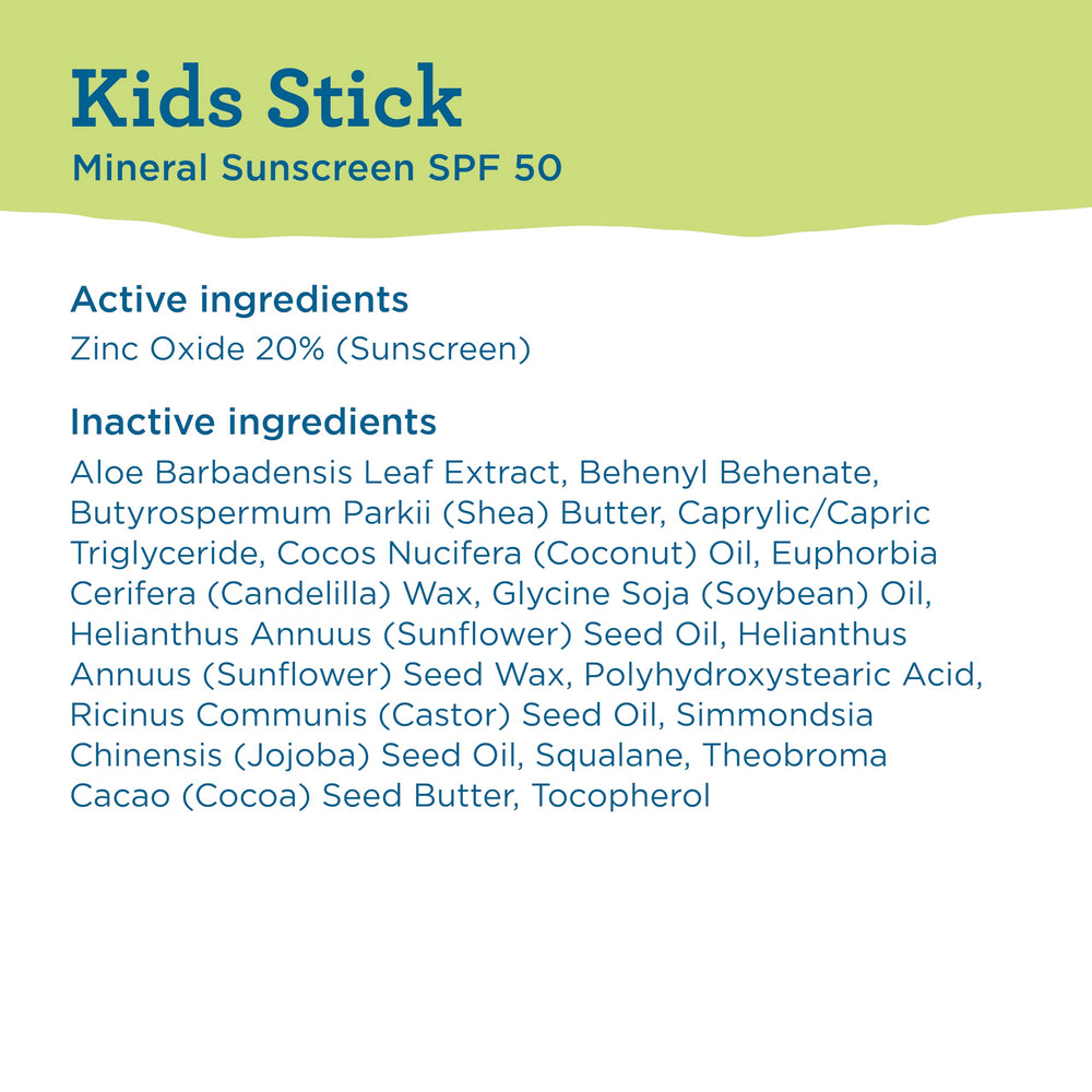 Blue Lizard kids stick label and ingredient list highlighting mineral actives