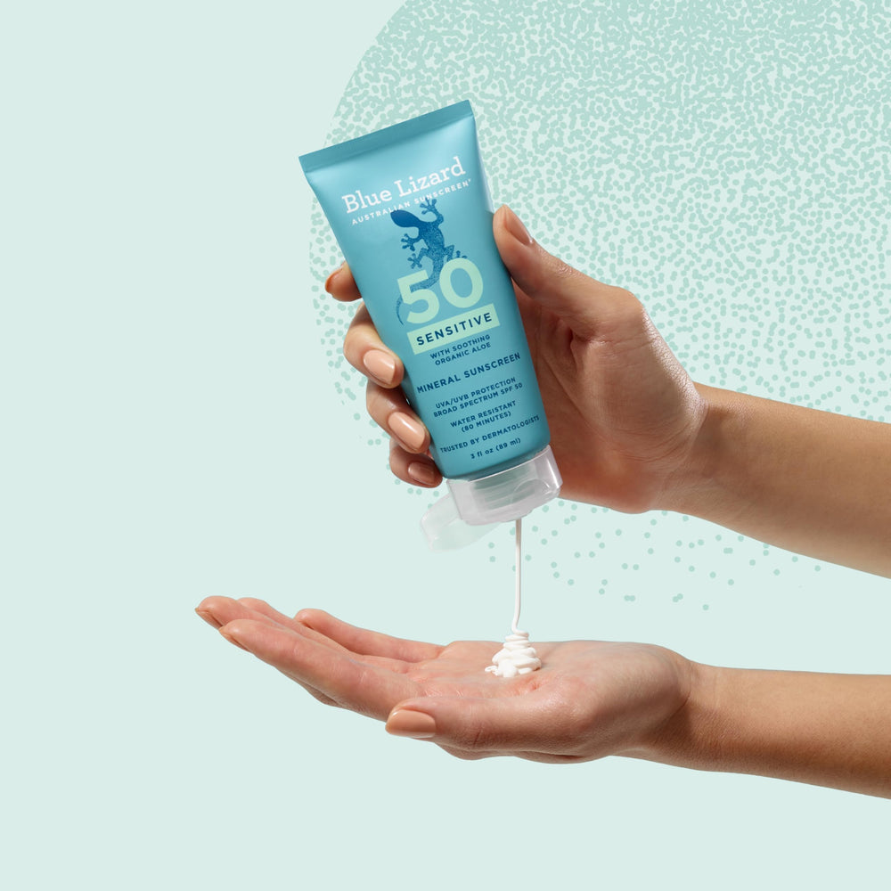 Blue Lizard near pool demonstrating up to 80 minutes water resistant protection