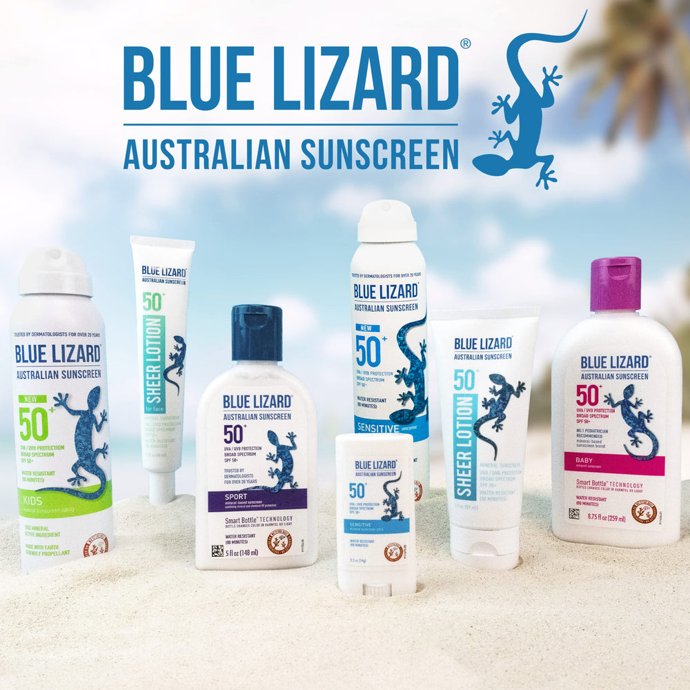 BLUE LIZARD bottle beside phone demonstrating travel-ready 5 oz size
