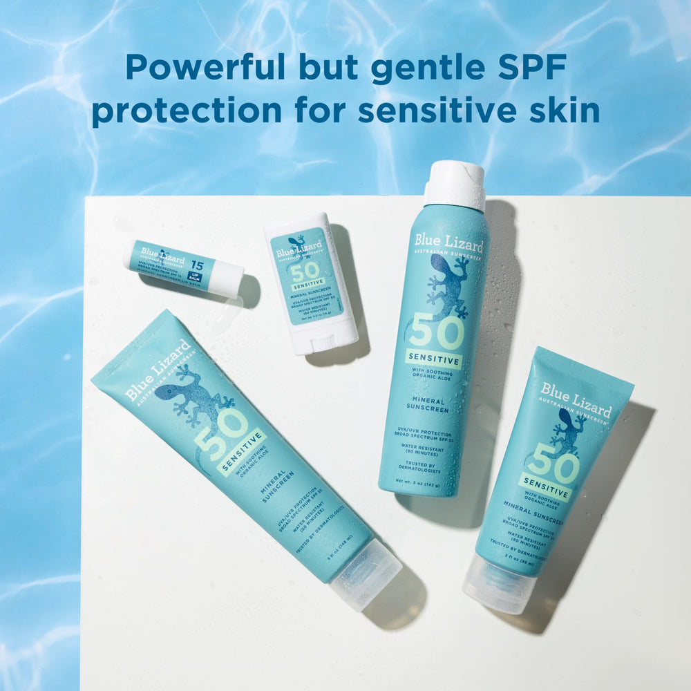 Blue Lizard product label and ingredients showing reef-friendly and fragrance-free benefits