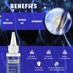 Blue Sea Sky bottle label close-up showing active 5% minoxidil and botanicals