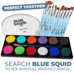 Blue Squid face-painted model in mime cosplay illustrating strong white opacity and performance