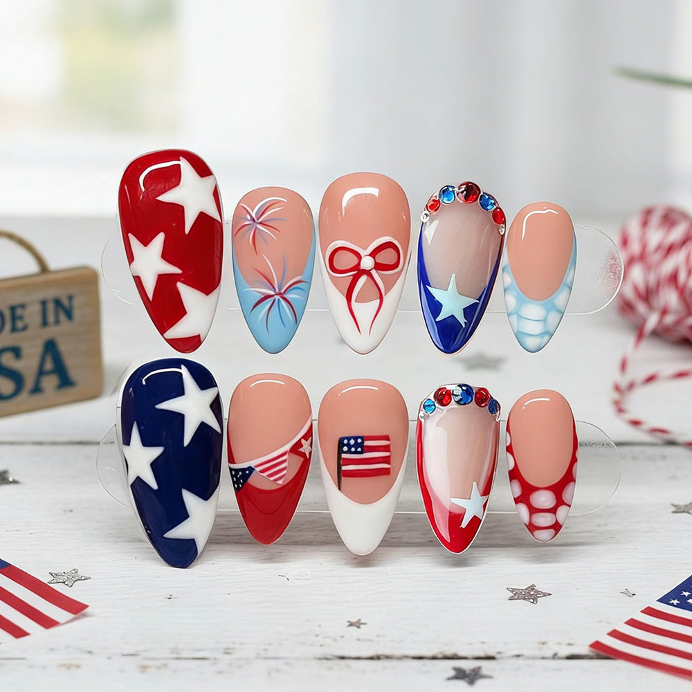 BMKKOT front packaging showing full 30-piece patriotic nail kit with tools for easy application