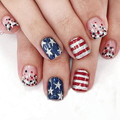 BMKKOT front packaging showing patriotic press on nails and accessories for quick application