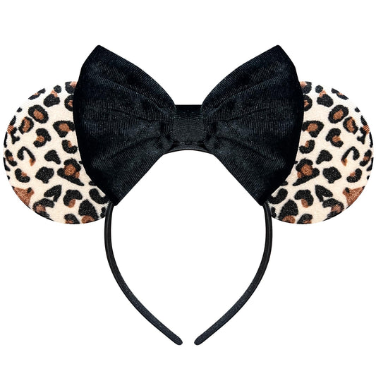 Bmobuo leopard print headband front view showing ears and bow, perfect for park days