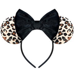 Bmobuo leopard print headband front view showing ears and bow, perfect for park days
