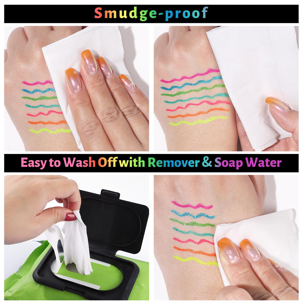 BOBISUKA arm swatches under UV black light showing vivid neon glow effect
